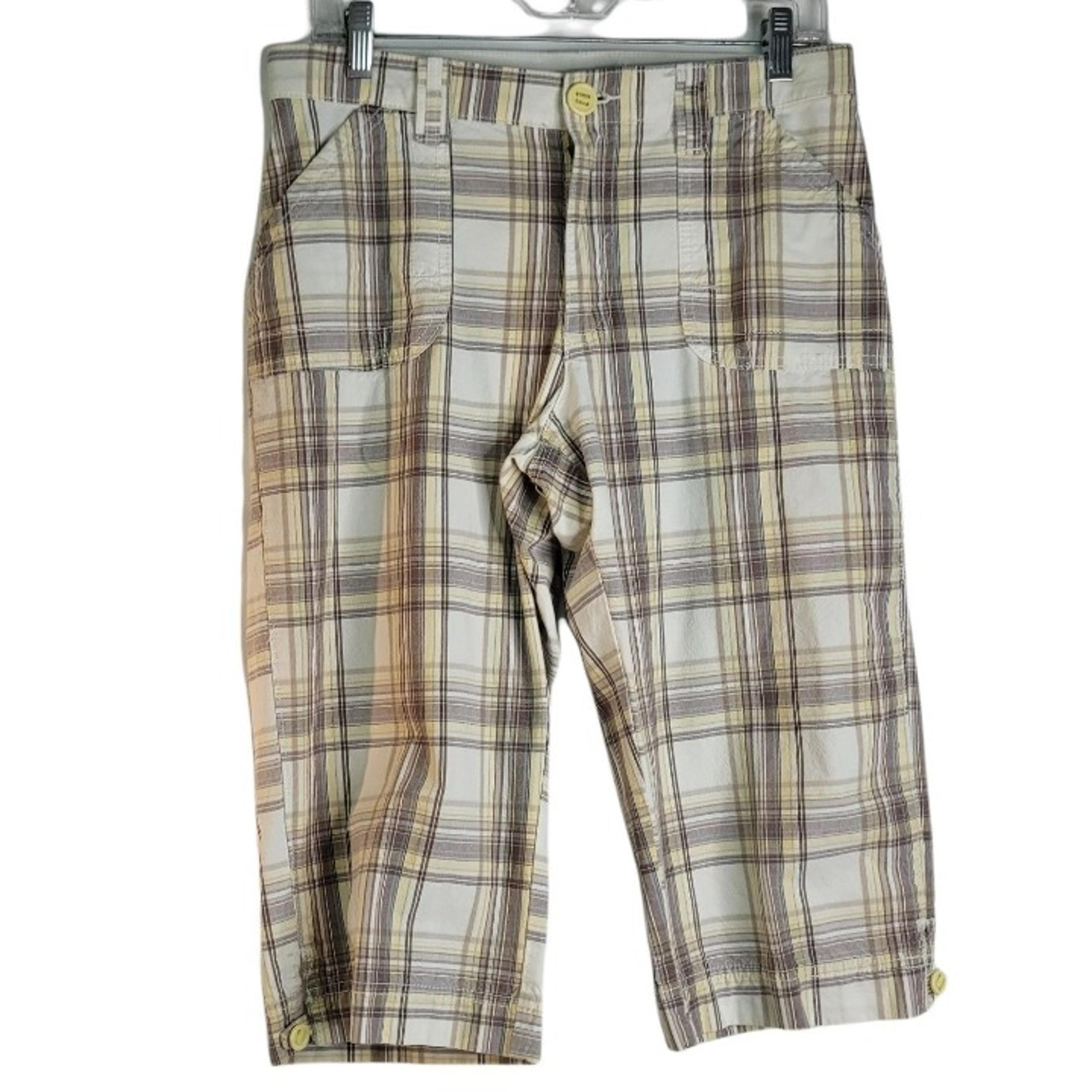 Lee Women Cropped Pants Size Small Beige Plaid Elastic Waist Stretch Flat Front