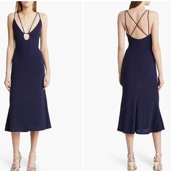 Misha Veronika Strappy Stretch Metallic Midi Dress Nightshade Blue Womens Size 4