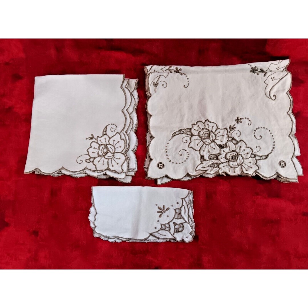 Ecru Linen Taupe Cutwork Embroidery Serviettes 70s Vintage 12pc Set (4 of EA Sz)
