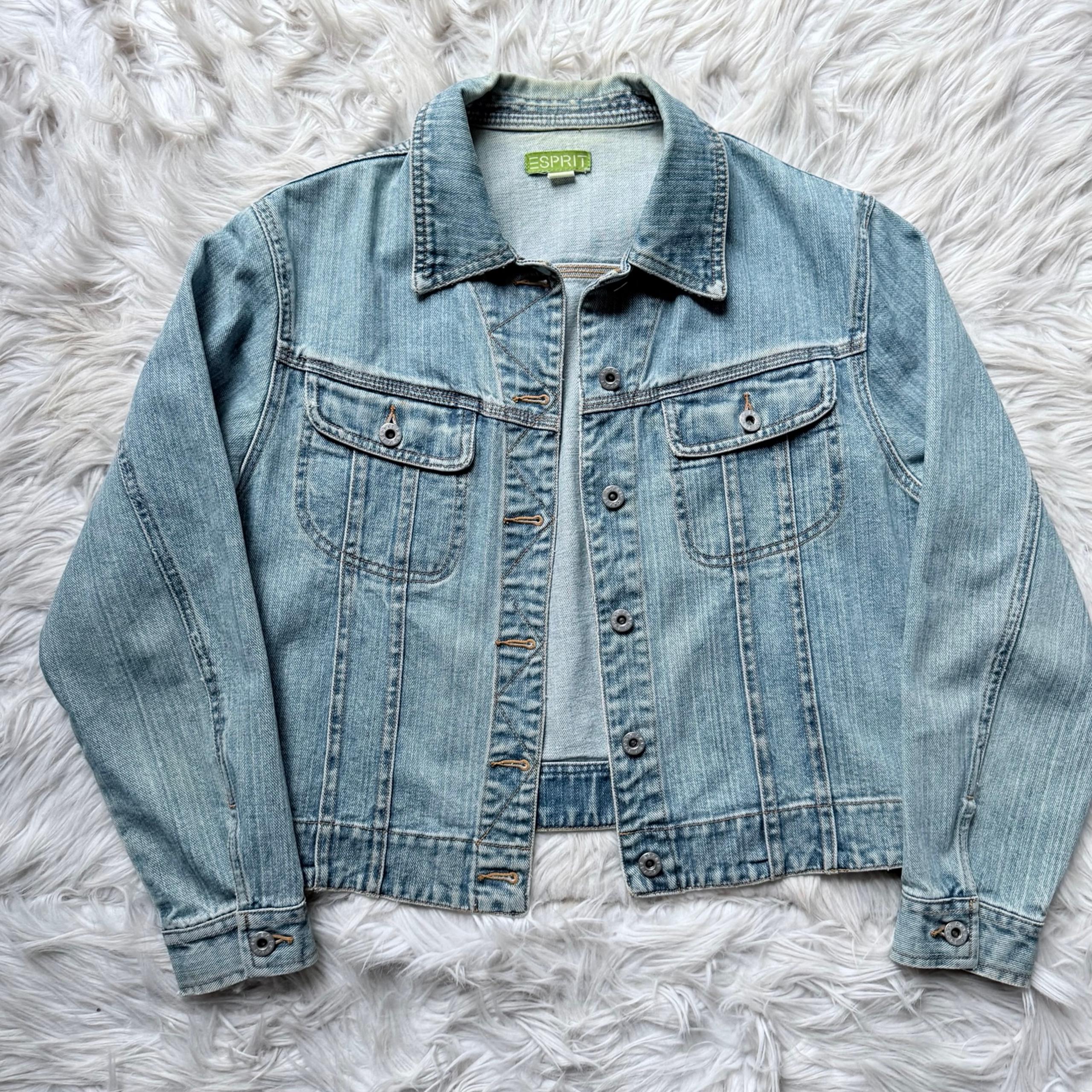 Vintage ESPRIT 80s 90s Crop Boxy Wide Denim Jean Jacket Light Wash Oversized M