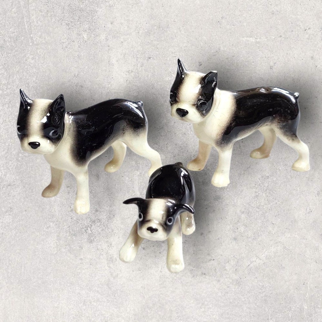 Hagen Renaker Boston Terrier Dog miniature Figurines 1.5” Tall Family Set Of 3