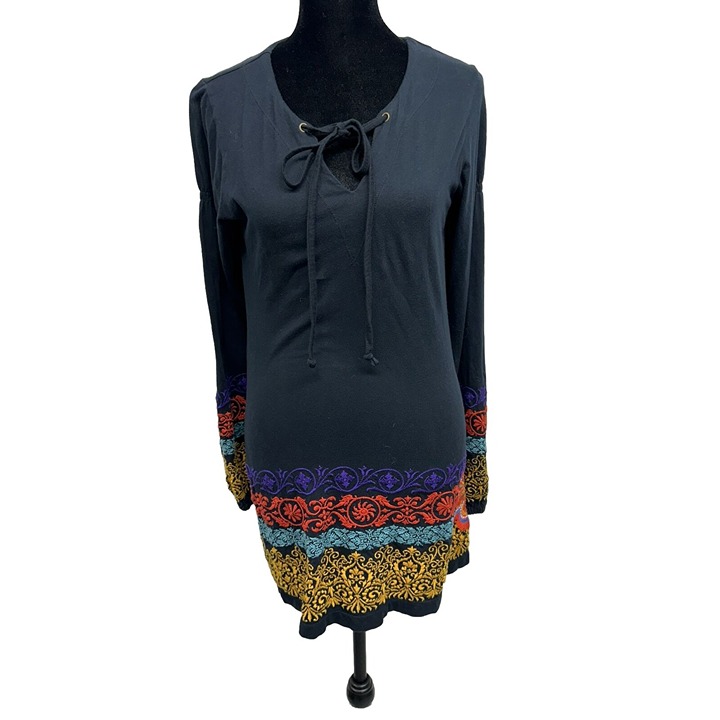 Johnny Was Womens Medium Navy Blue Embroidered T-shirt Tunic Dress Boho