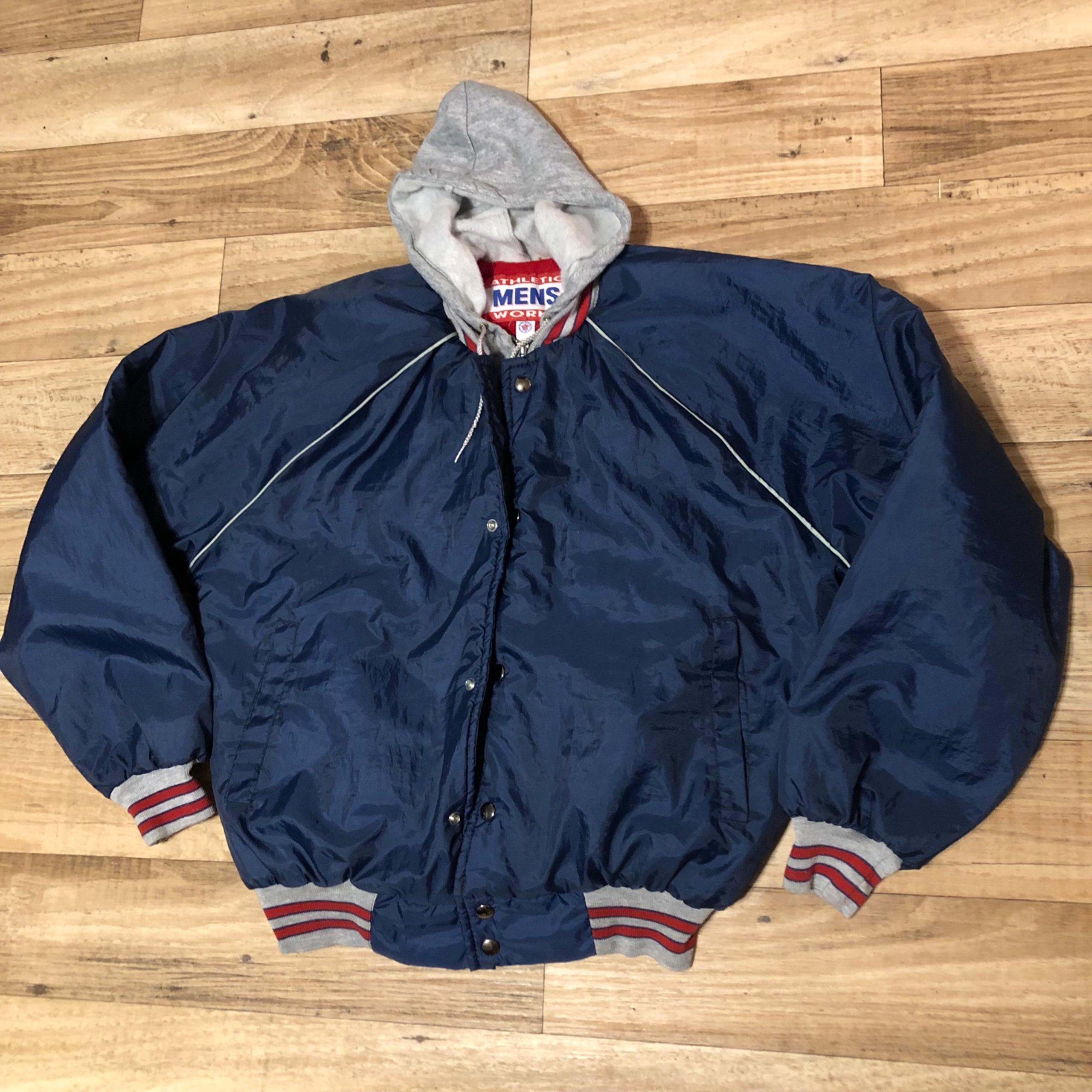 Vintage Athletic Mens Works bomber jacket with built in hoodie size L. Blue/grey