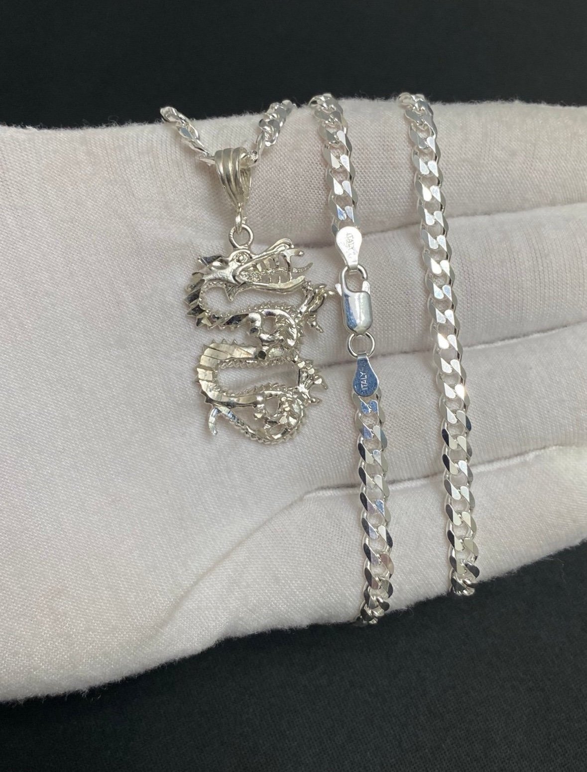 Sterling Silver Dragon Necklace with Silver 22” 4mm Curb Chain