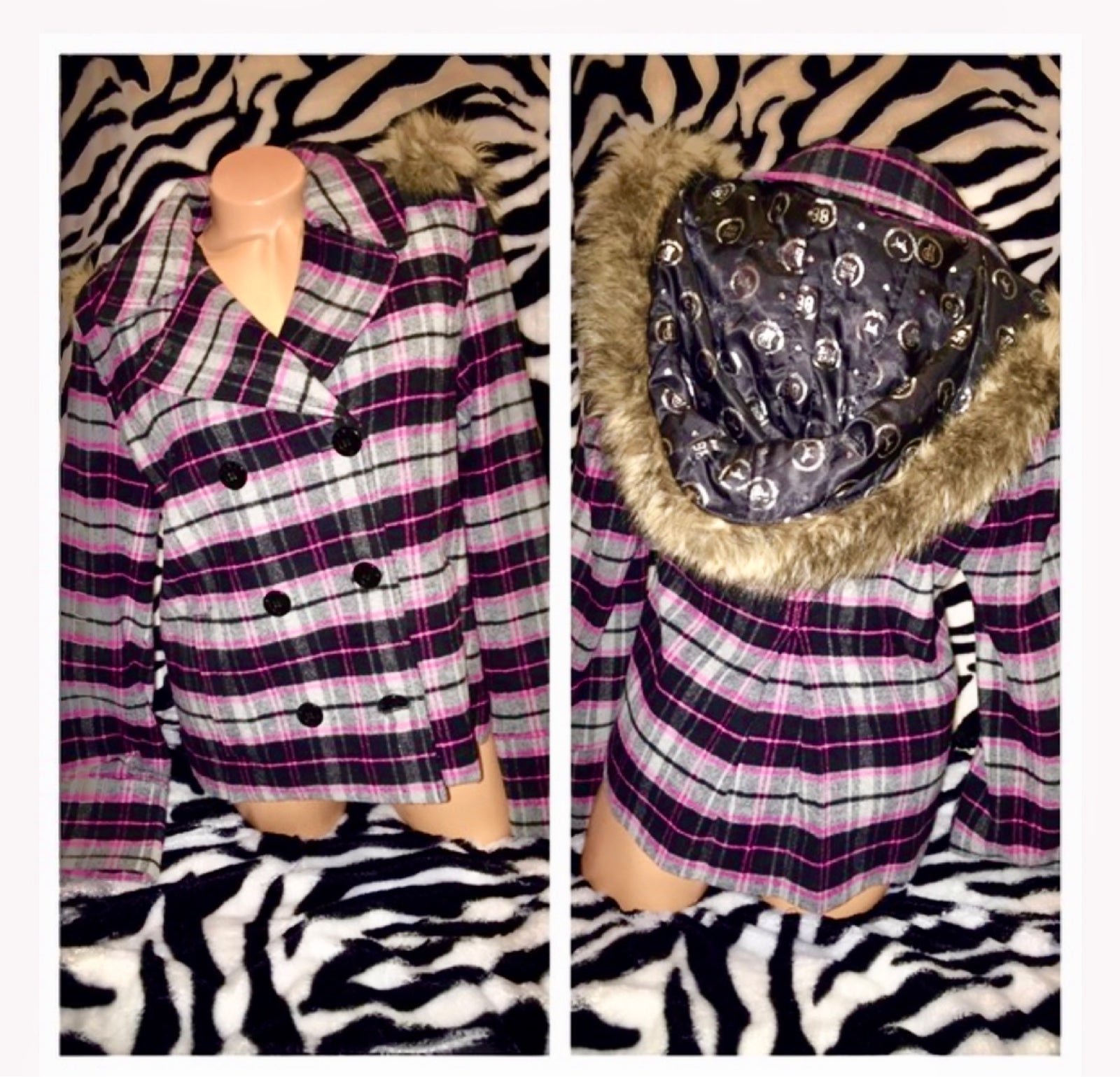 (L) *NEW* Victoria’s Secret PINK Vintage Pink-Plaid Hooded Peacoat
