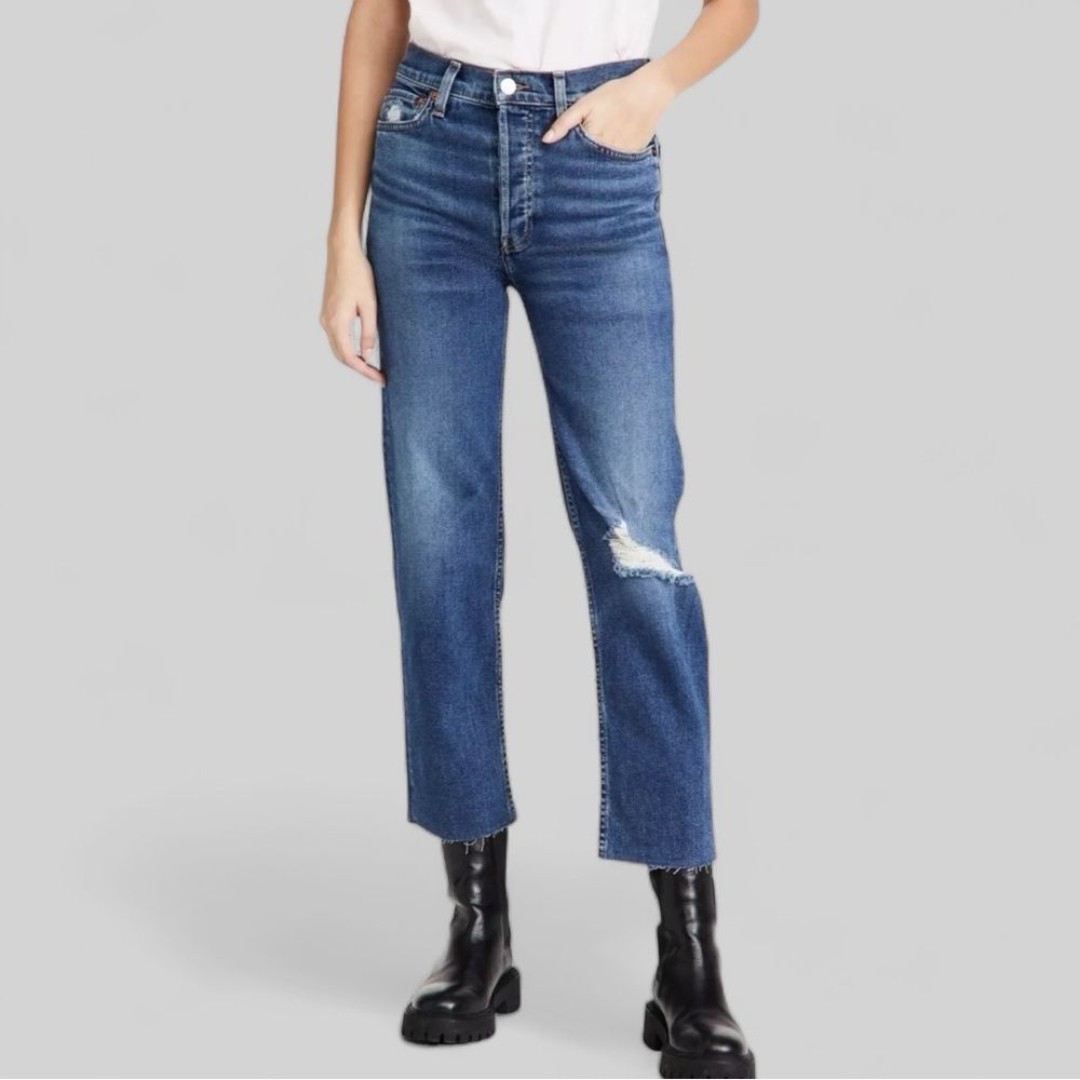 NWT RE/DONE 70’s High Rise Stove Pipe Distressed Ankle Jeans in Darkworn Size 30