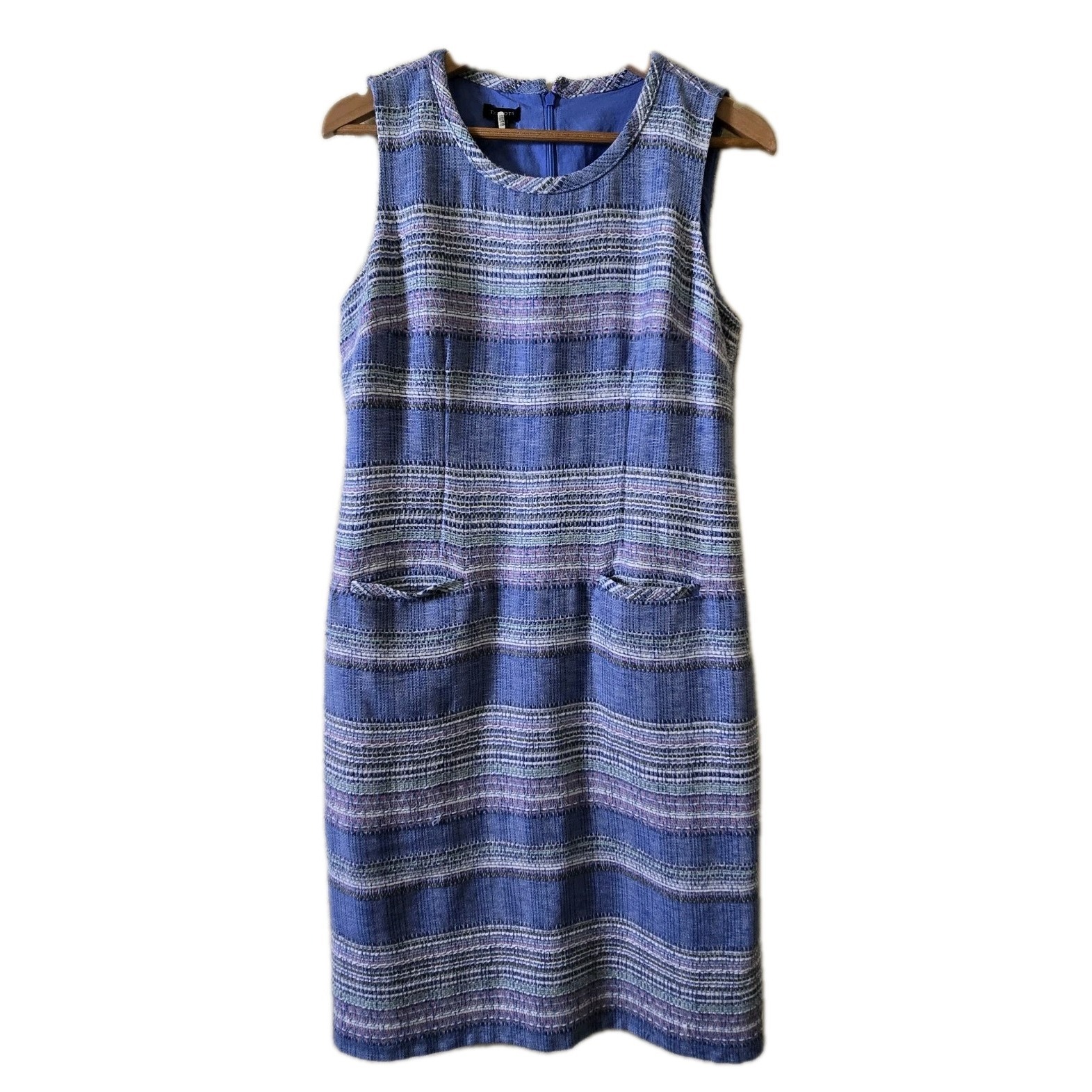 Talbots Tweed Dress Sleeveless Pockets Blue Purple Career Casual Size 8