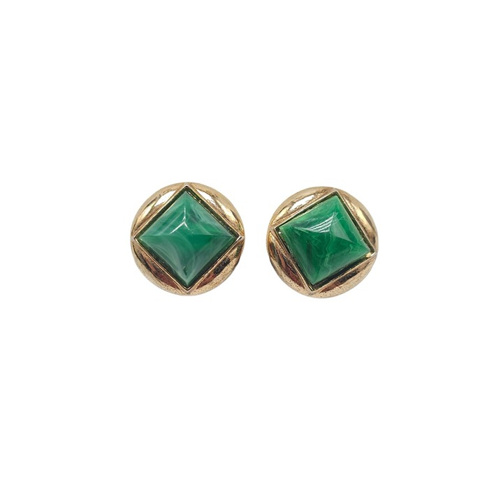 Trifari Green Lucite Geometric Earrings Clip on Closure Gold Tone Vintage