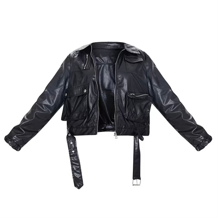 NWT PrettyLittleThing PU Faux Leather Front Pocket Belted Moto Bomber Jacket