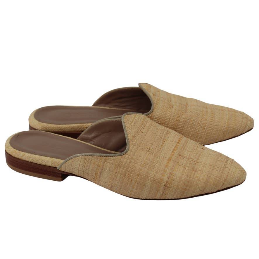 Le Monde Beryl Venetian Sand Raffia Mules Flats Grosgrain Trim Neutral 36 5.5