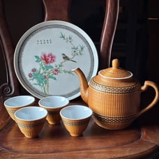Chinese porcelain woven bamboo tea set