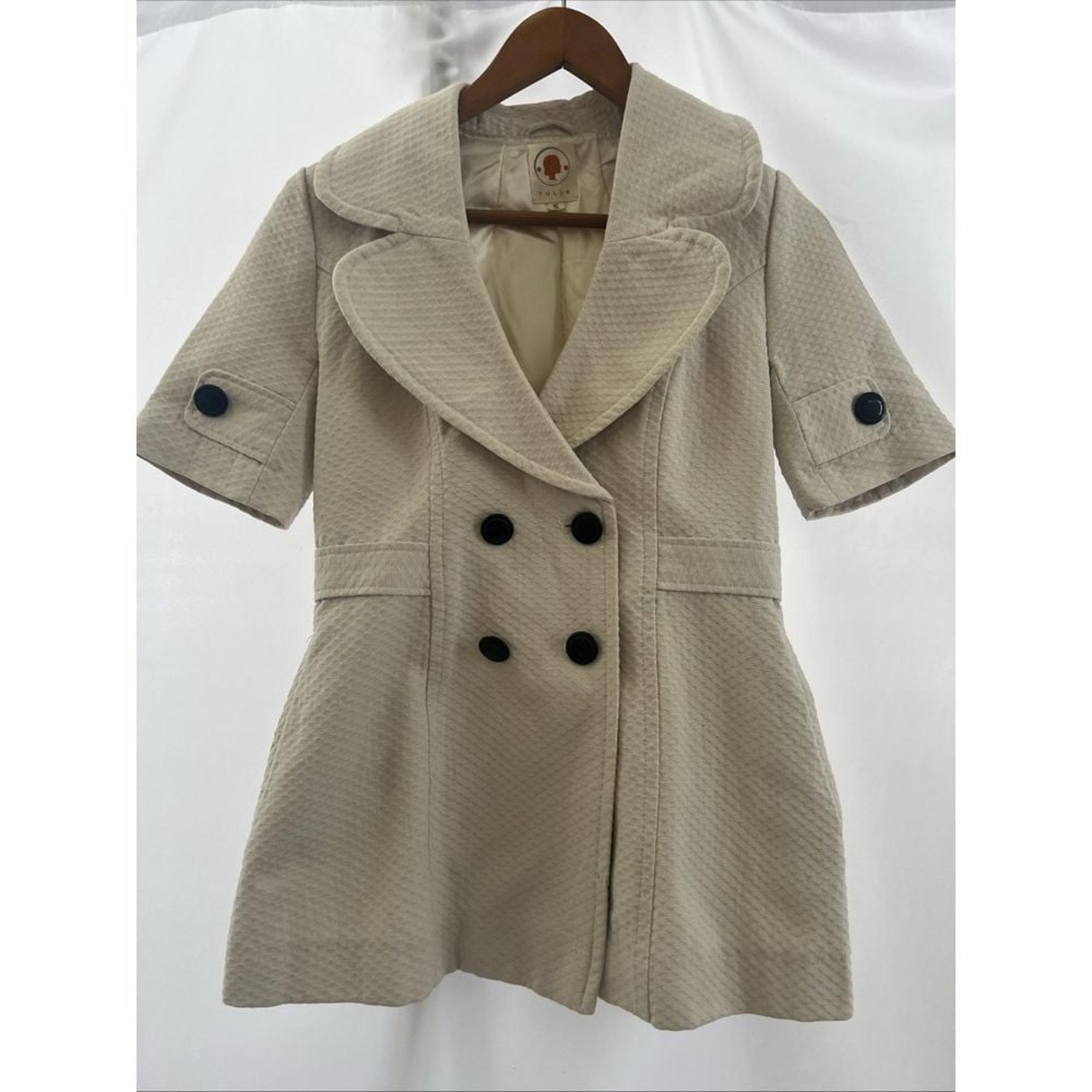 Vtg Womens S Short Sleeve Jacket Cream Double Breasted Y2K Workplace - Tulle