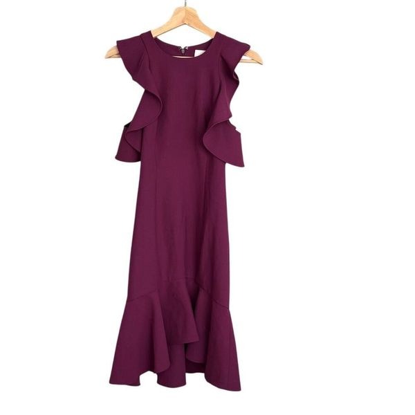 Cinq a Sept Women's Asymmetric Ruffle Hem Knee Length Dress Eggplant Purple 2