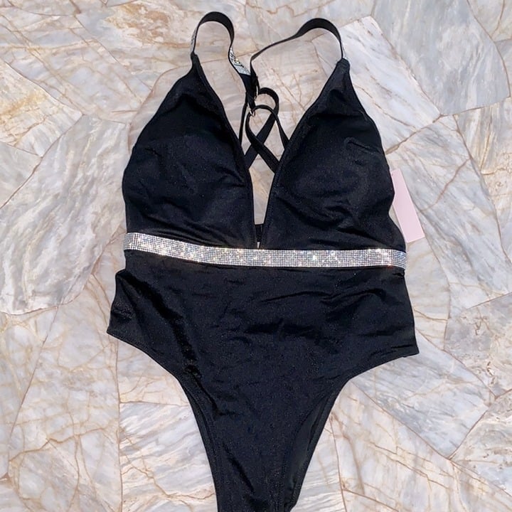 Victoria’s Secret BLING ONE PIECE SWIMSUIT Shine Strap Logo Gorgeous Black XL