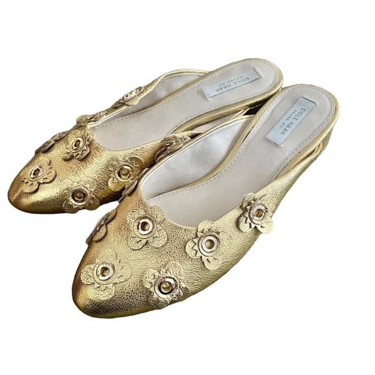 Cole Haan Metallic Gold Floral Embellished Mules Size 5B Block Heel Slip-On