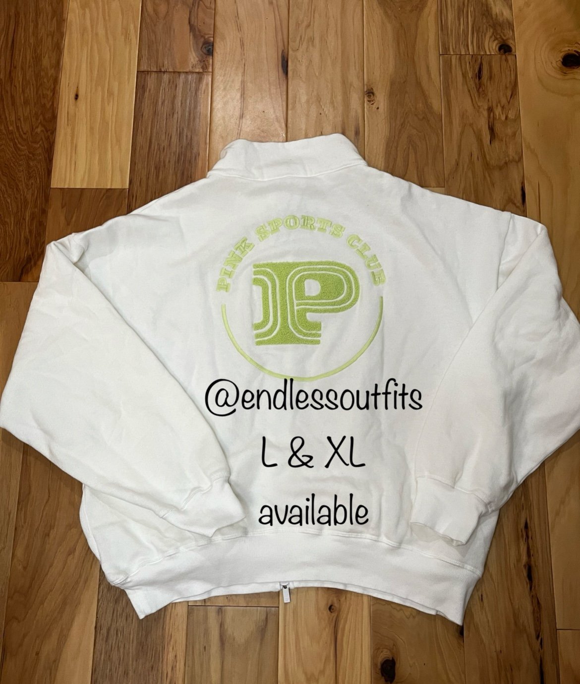 VS PINK WHITE FULL ZIP SWEATSHIRT WITH LIME GREEN TEXTURED LOGO SIZE LARGE