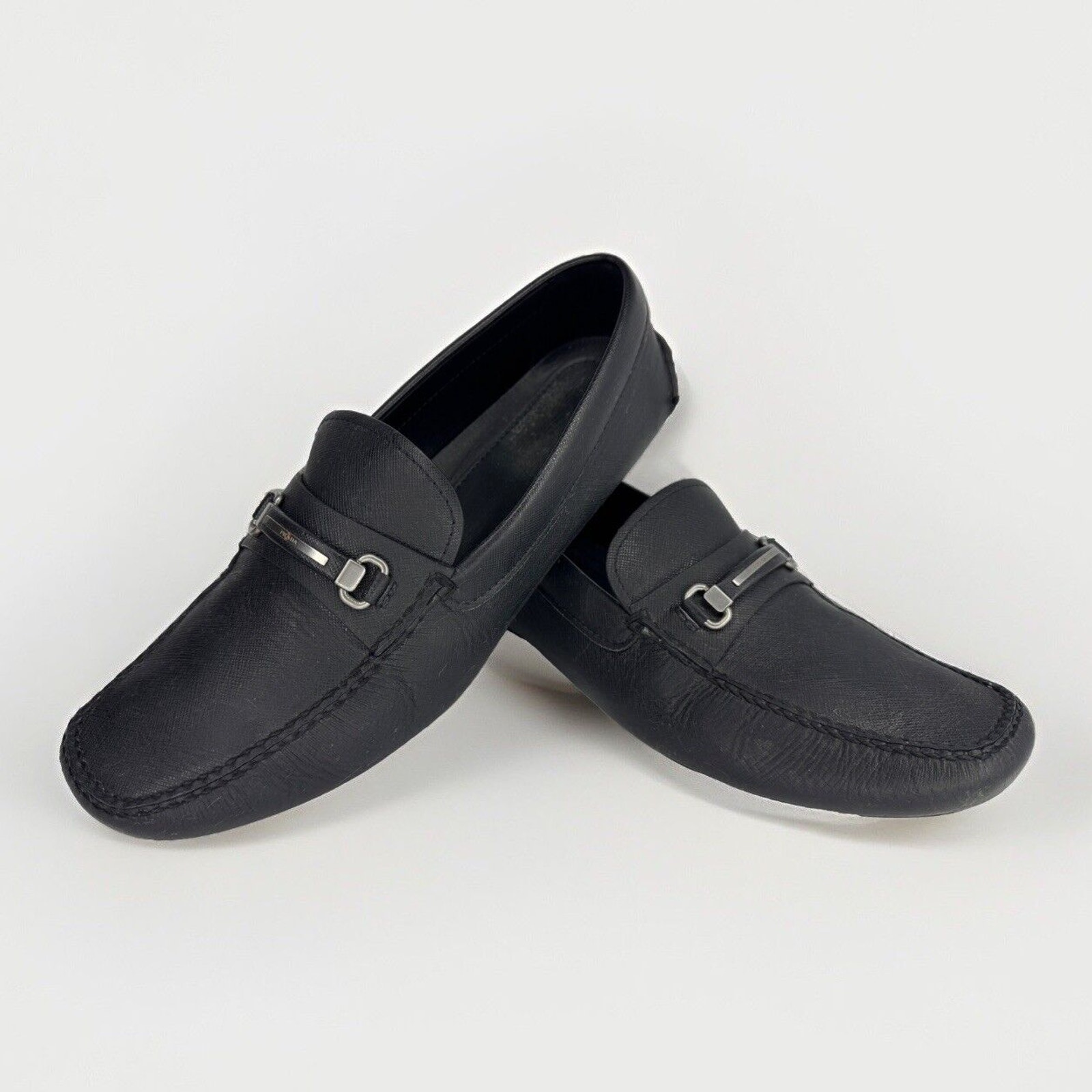 Men’s PRADA Saffiano Black Leather Driving Loafers Shoes 2DD118 US Size 8.5
