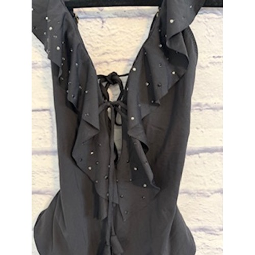 BECCA by Rebecca Virtue Socialite Ruffle OnePiece Swimsuit Black Crystals M 1663