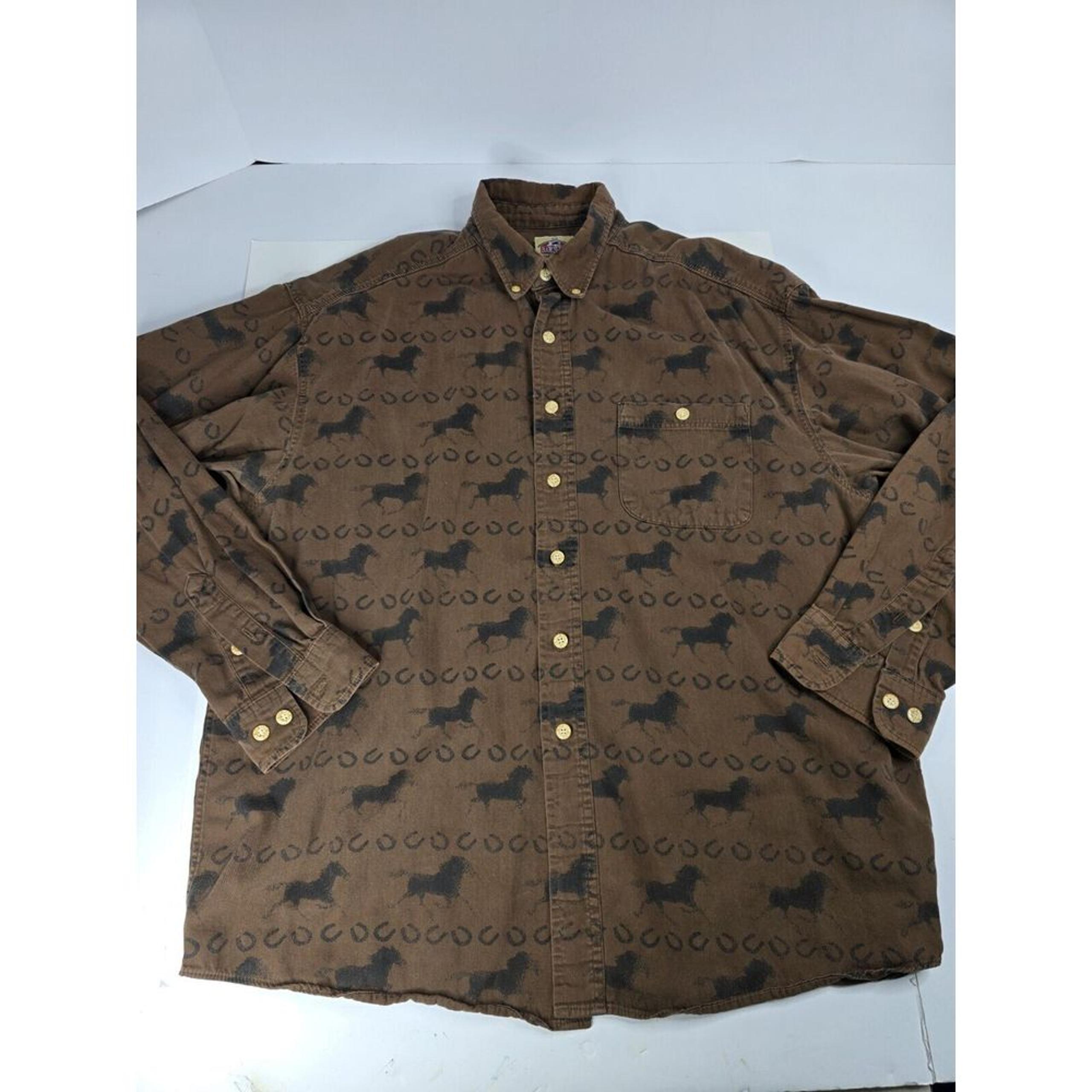 VTG Barn Fly Men's Shirt Cowboy Horse Print L Long Sleeve Horse Riding Western