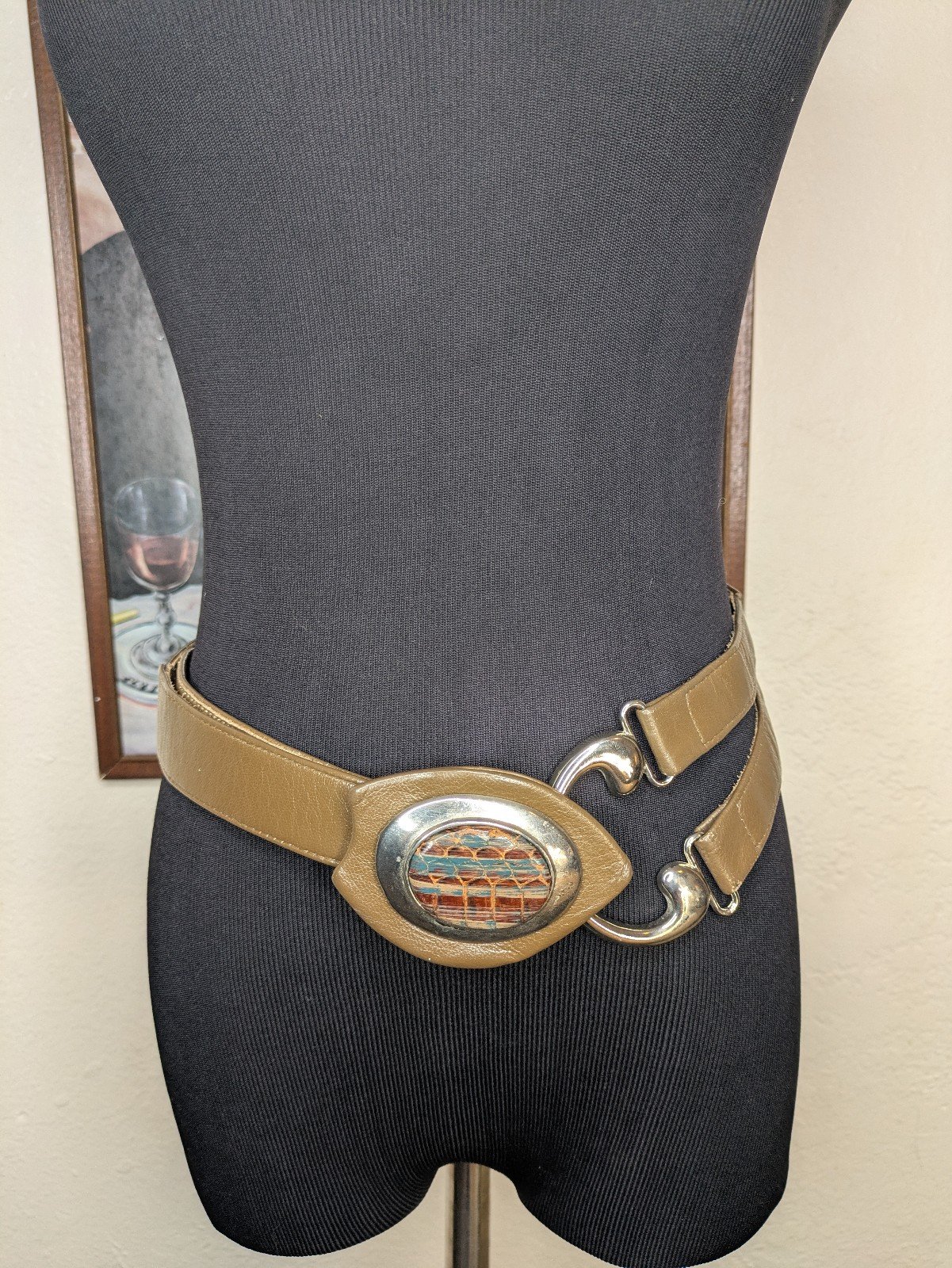 Khai Le Vintage Art Deco Leather Belt DMP Silver Buckle Painted Snakeskin Face