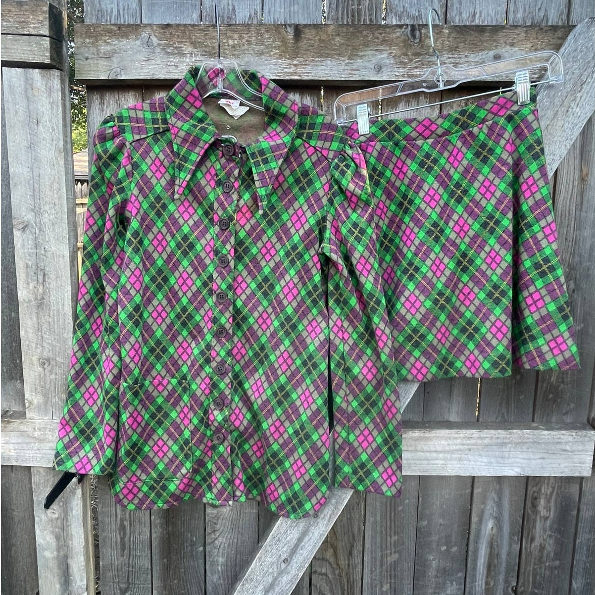 VTG 1970s The Red Eye green pink Plaid Skirt Jacket butterfly collar READ!!!