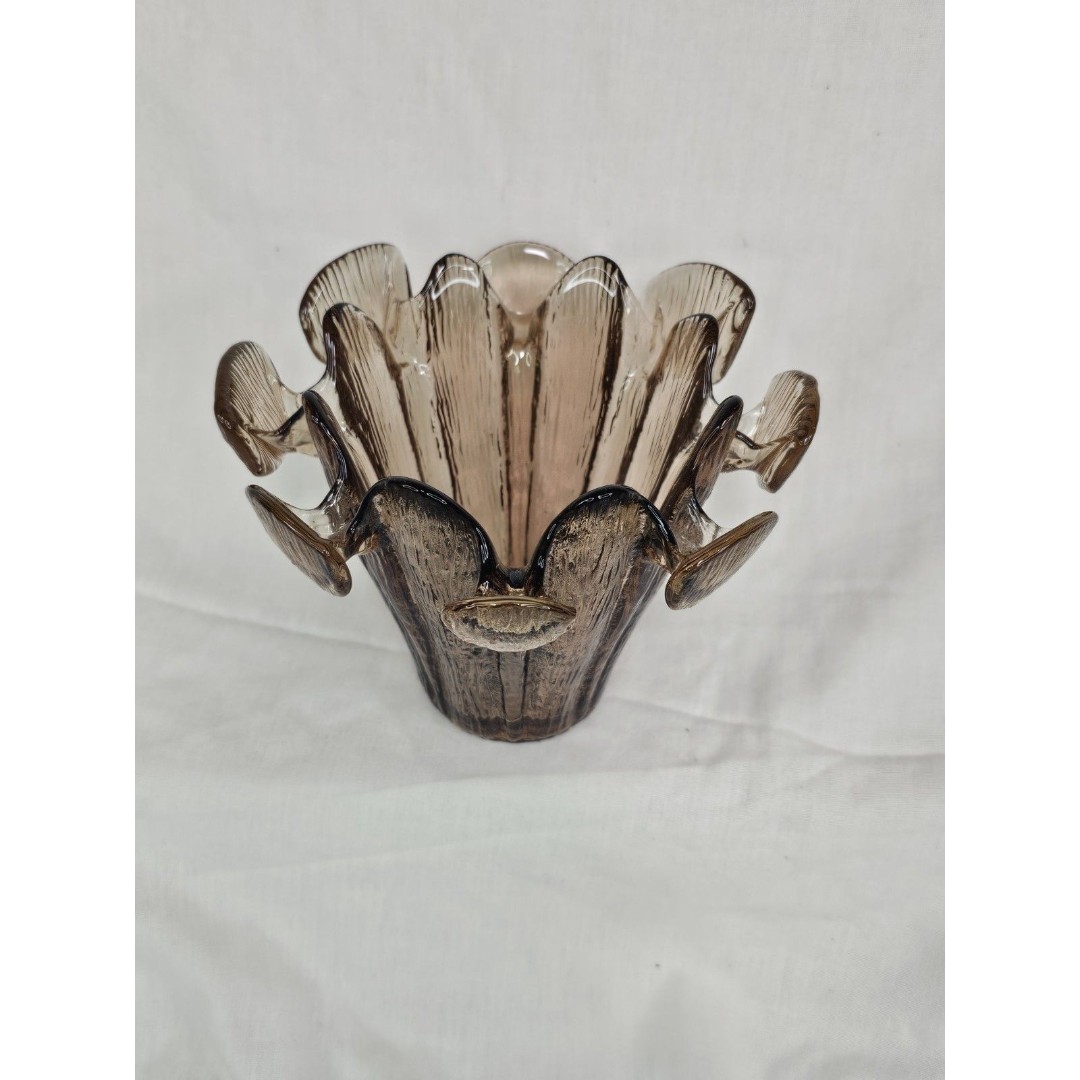 Vtg Viking Glass Bowl Epic Line Fluted Petal Rim Amber Gradient Sculptural Form