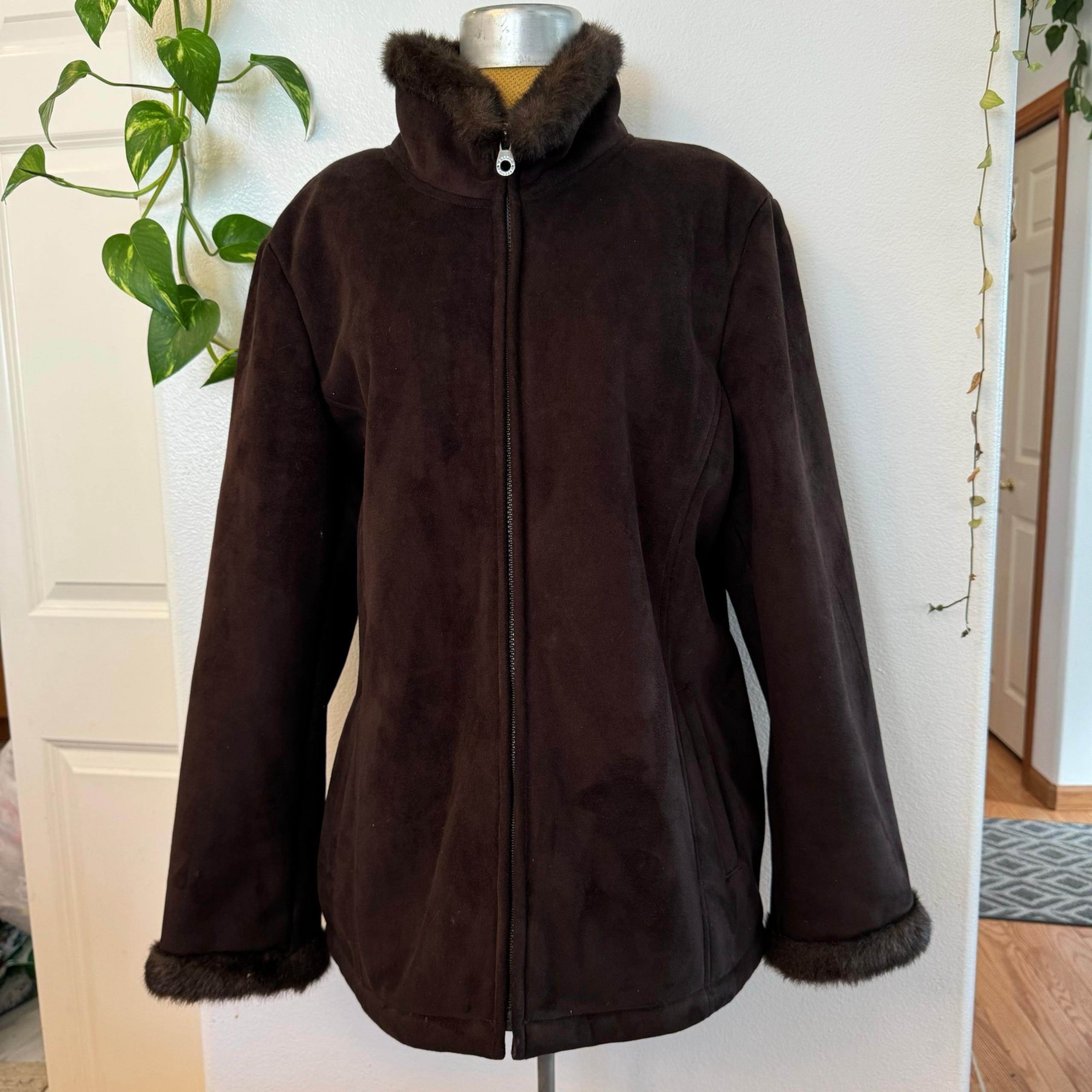 Esprit outer wear Chic Brown Faux Fur Trim Jacket, fur inside , Women’s XL