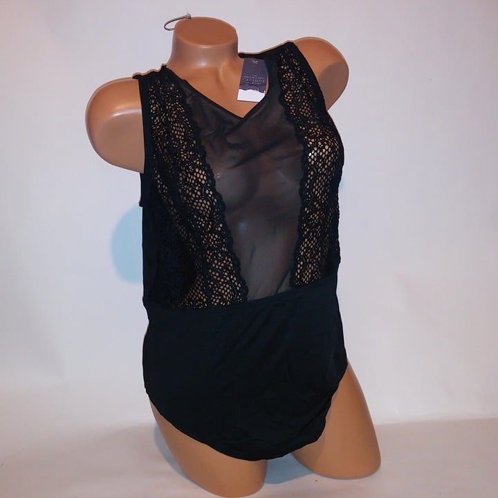 Cacique Lingerie Bodysuit Teddy One Piece Black Lace Sheer Snap Up Bottom 22/24