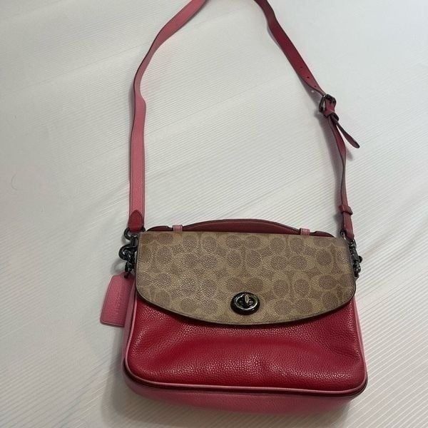 Coach Pink Red Signature Coated Canvas and Leather Cassie Top Handle Bag