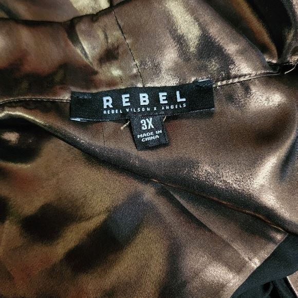 Rebel Wilson liquid bronze Metallic tied neck button down LS PARTY blouse 3X
