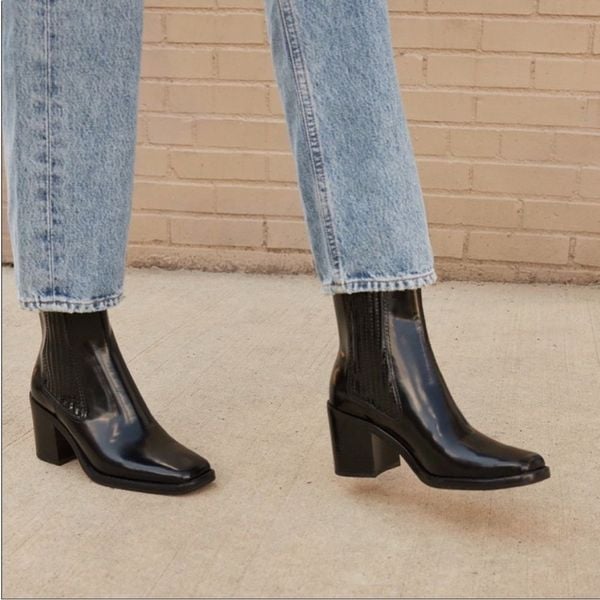 Loeffler Randall Arianna Square Toe Leather Black Ankle Boots size 6.5