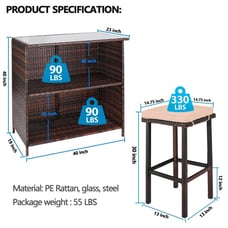 3-Piece Patio Outdoor Bar Set Two Stools Glass Top Table Patio Porch Poolside