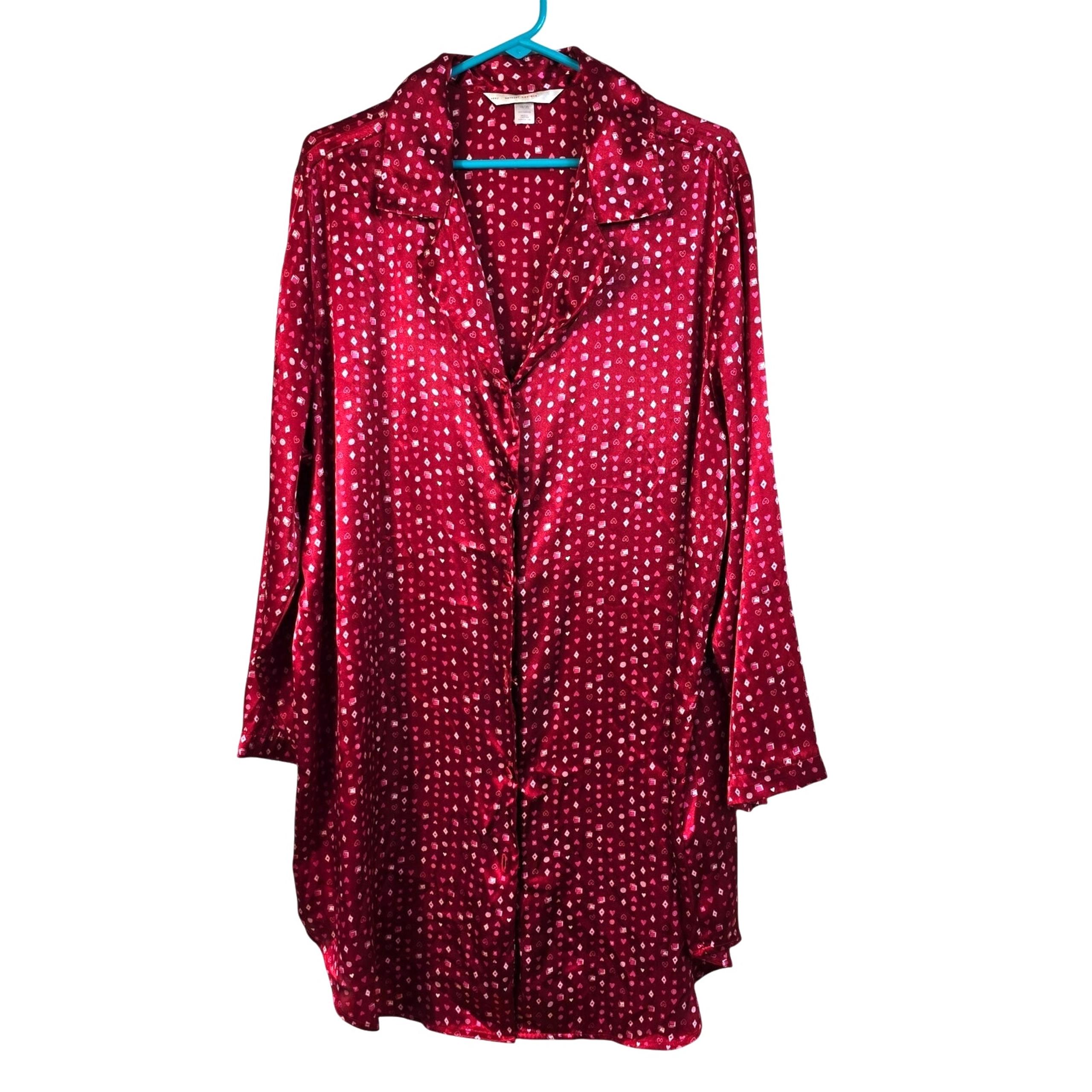 Cacique Sleep Shirt Womens 18/20 Red Pink Satin Hearts Long Sleeve Romantic