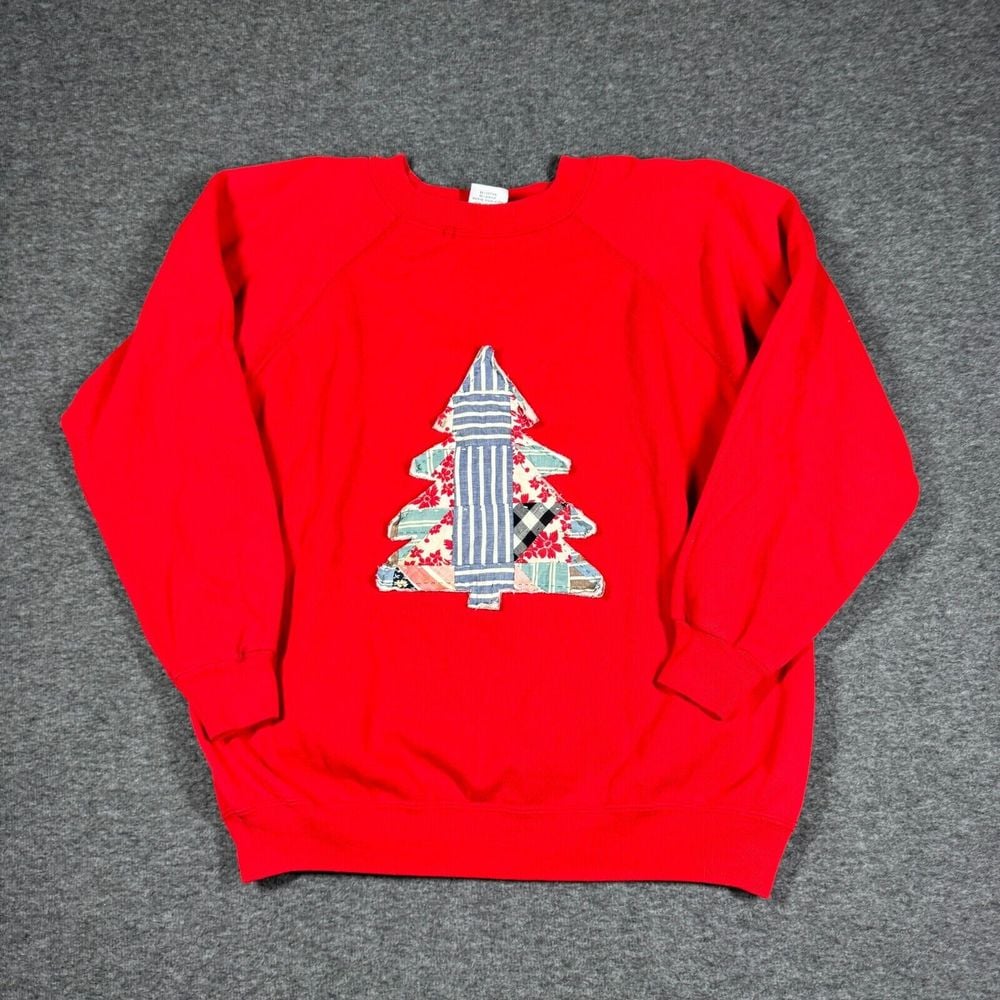 Vintage Upcycled OOAK Patchwork Christmas Tree Sweatshirt Womens XL Red Rustic