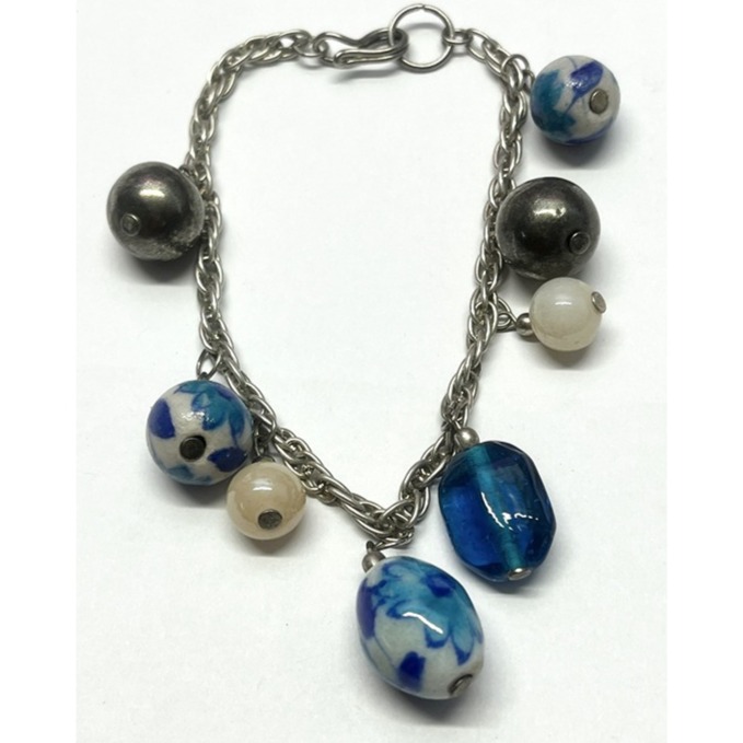 Vintage Blue Glass Bead Charm Bracelet