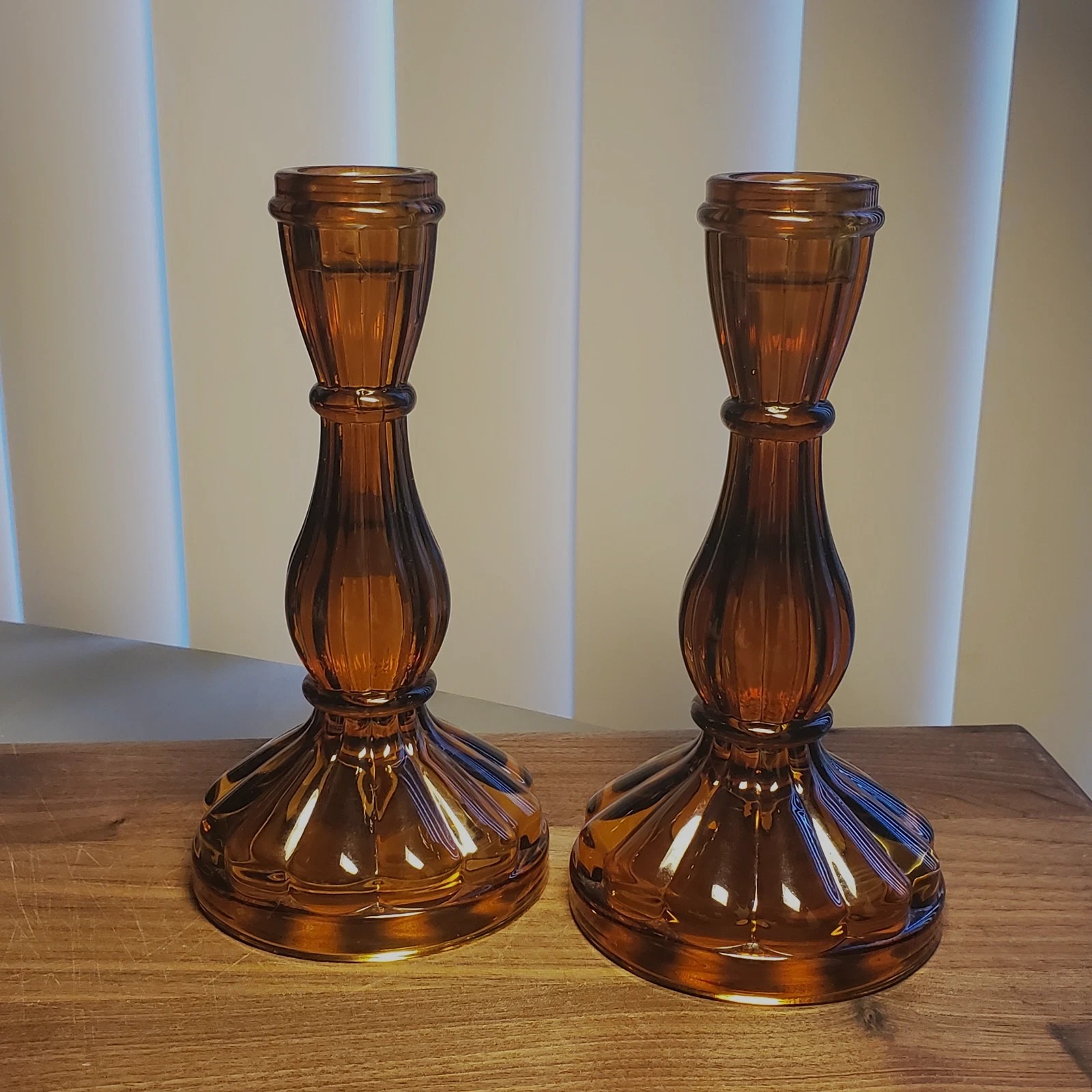 Vintage Deep Amber Glass Candlesticks by Robert Stanley 6.5 In Tall EUC