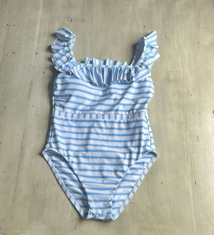 Minnow Ticking Stripe Ruffle one piece bathing suit