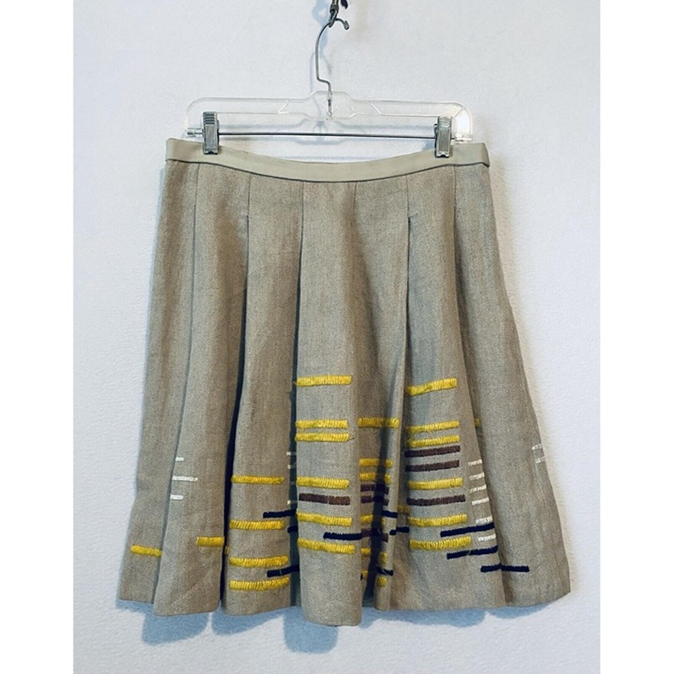 Anthropologie Maeve Skirt Womens 6 Embroidered Hatch Mark Linen Pleated Boho
