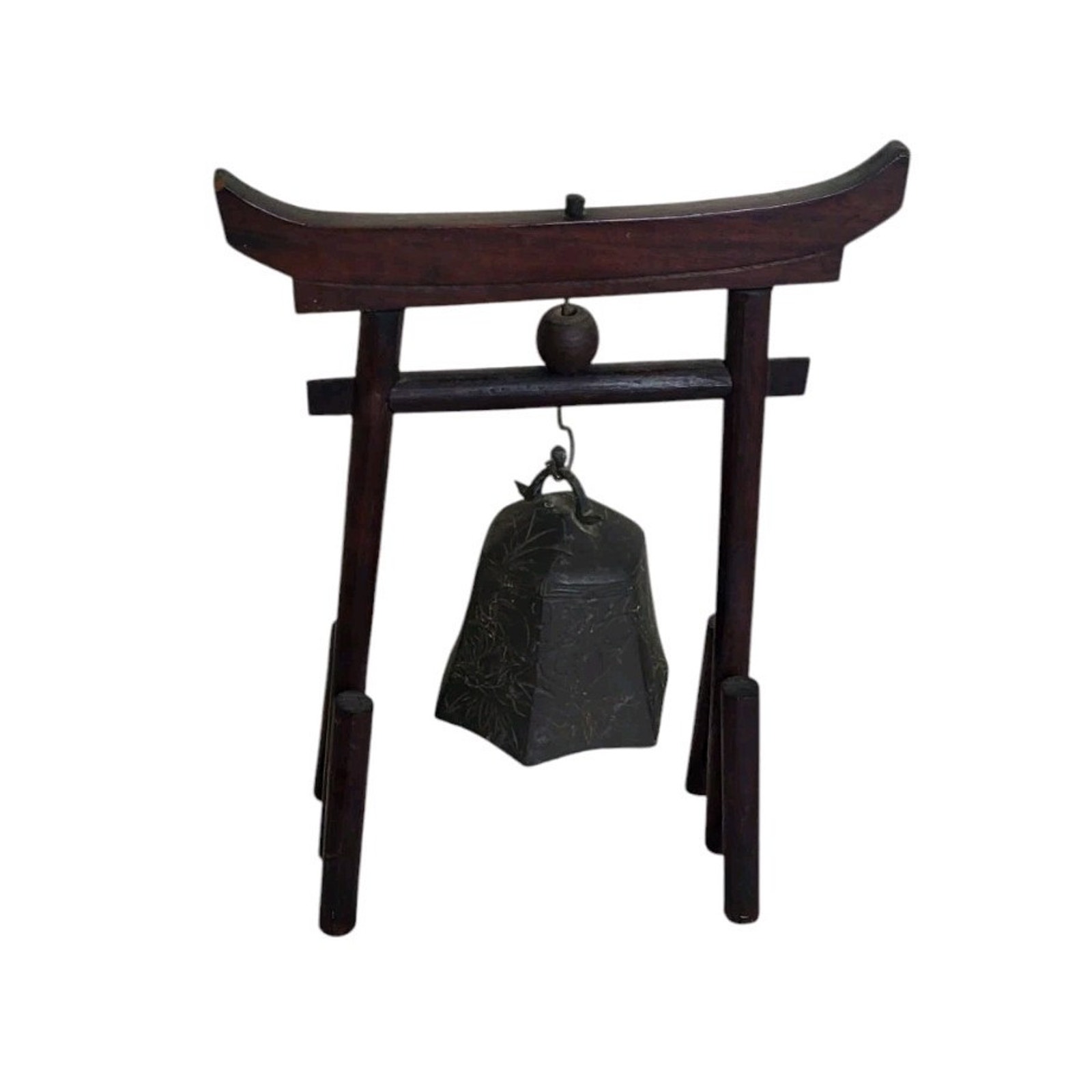 Antique Cherry Wood 13.5 Pagoda Temple Solid Bell Gong, c. 1925
