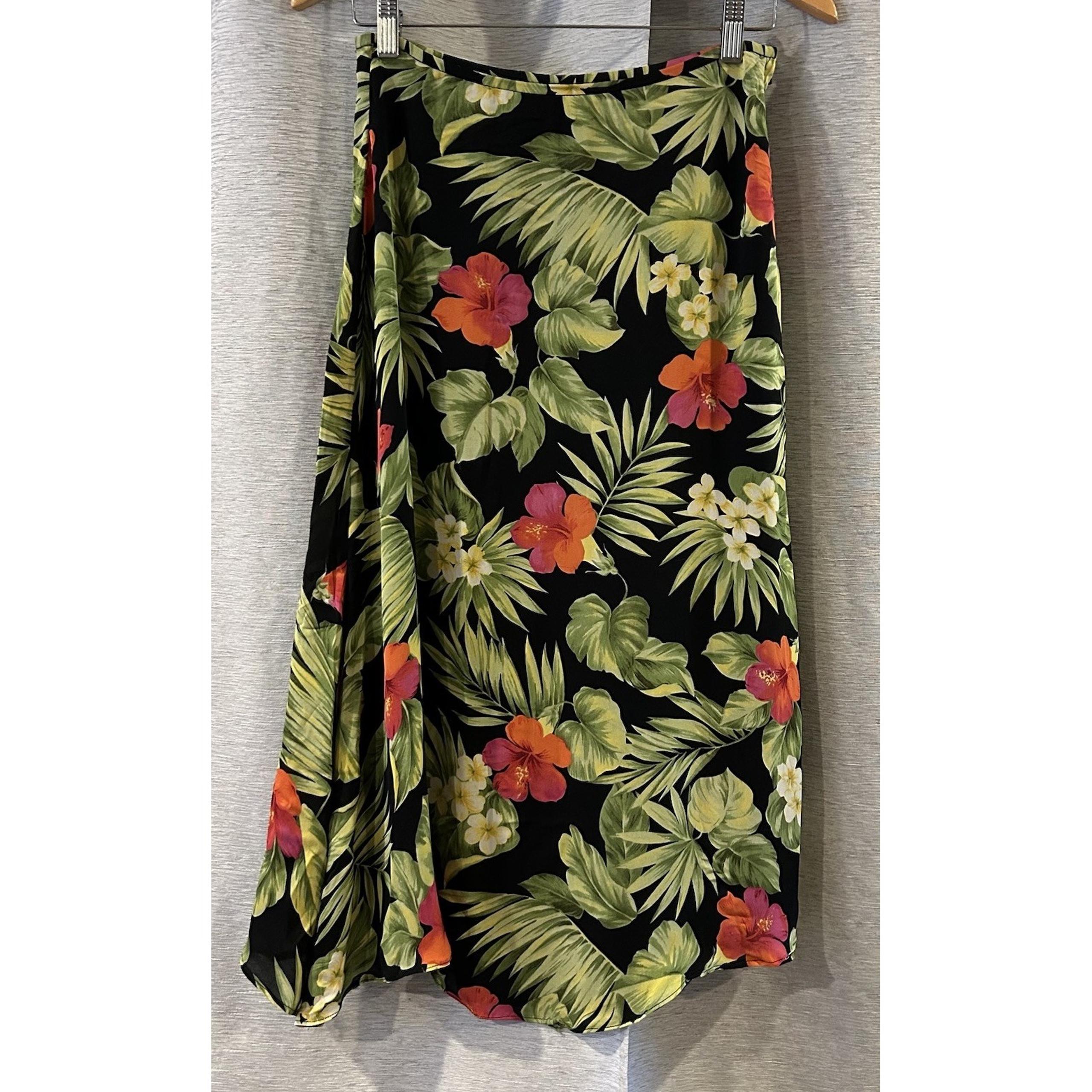 Ralph Lauren Hibiscus Pink Green Black Palm Silk Tropical Maxi Skirt Size 8