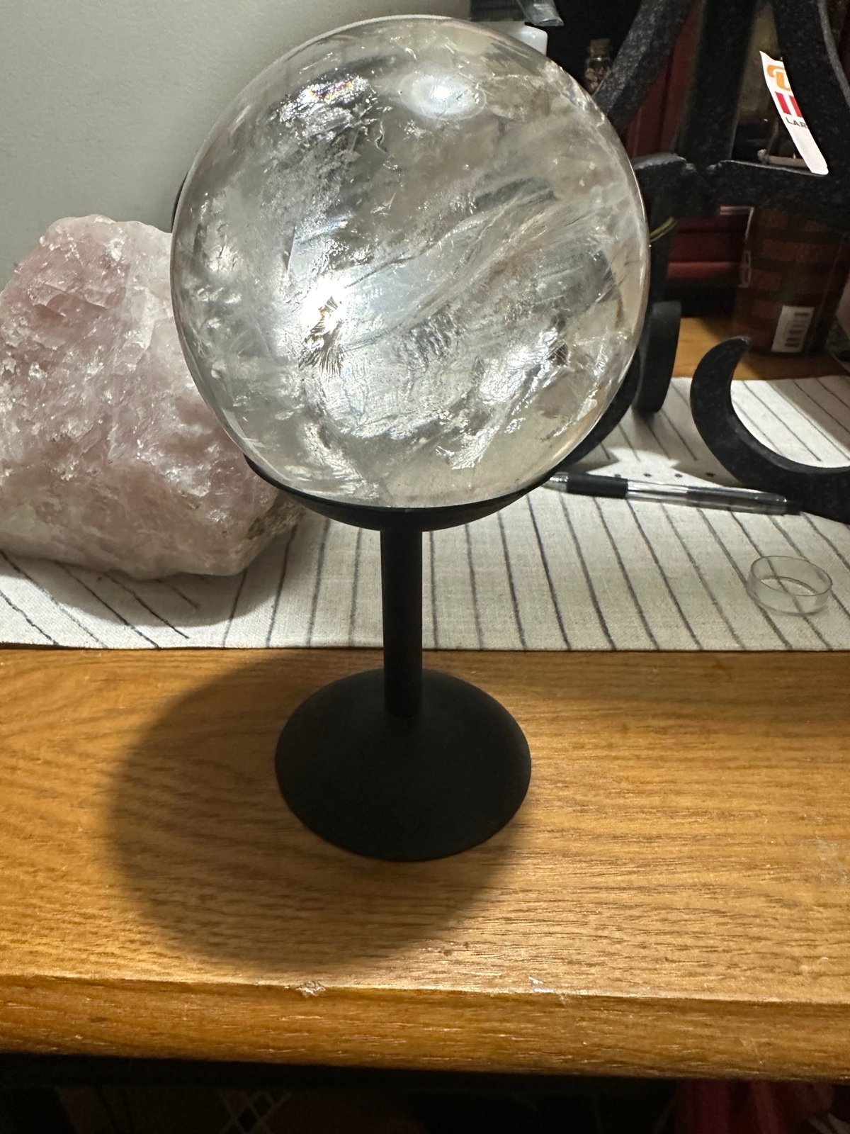 HUGE 5 plus lb $678 clear quartz sphere with stand, inner manifestations, & more
