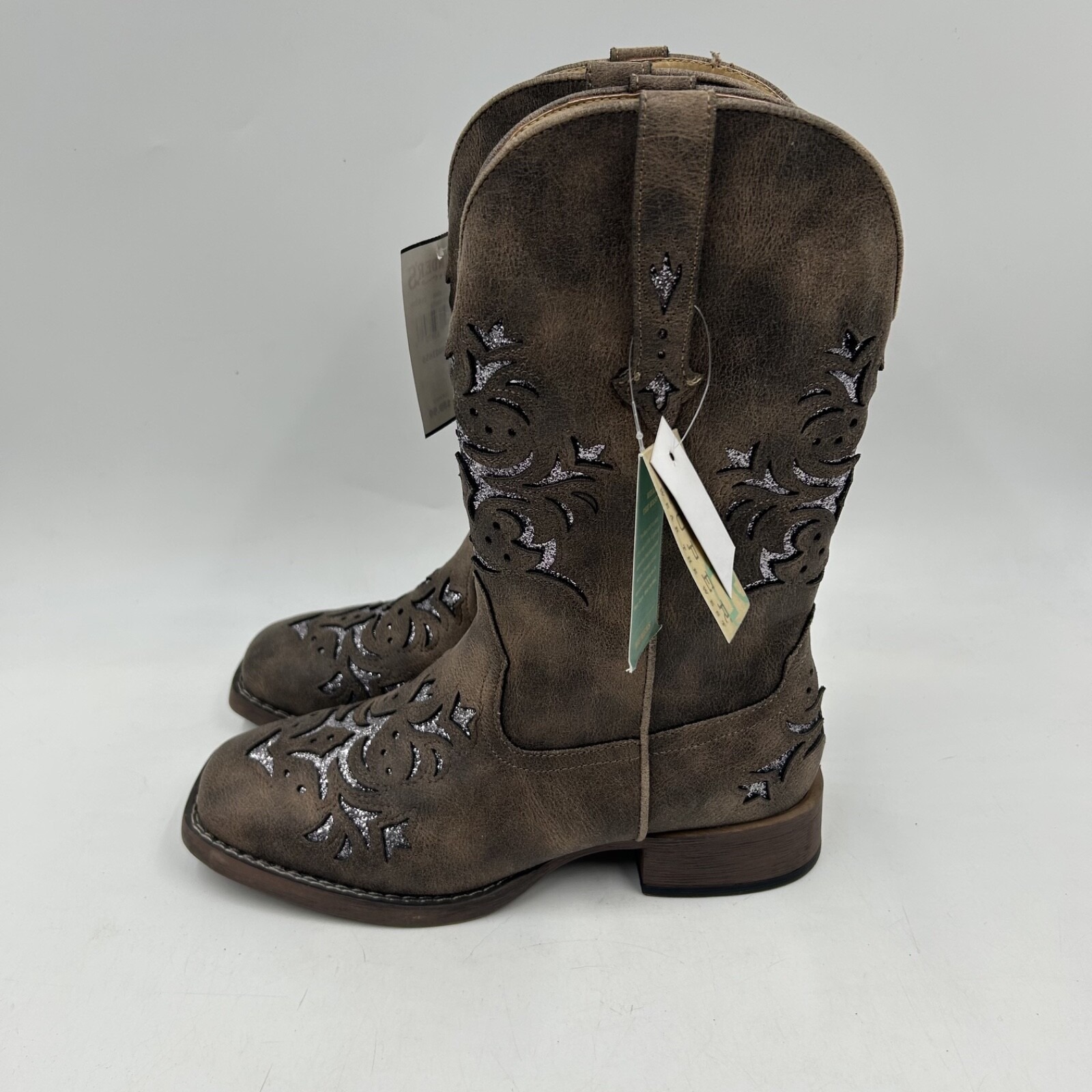 roper womens 6B brown faux leather metallic silver glitter inlay square toe boot