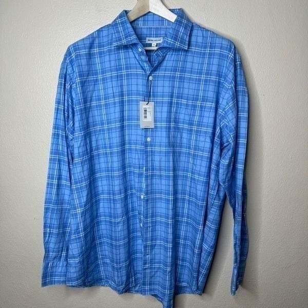 Peter Millar Shirt Mens XXL Blue Button Up Long Sleeve Plaid Summer Soft NWT