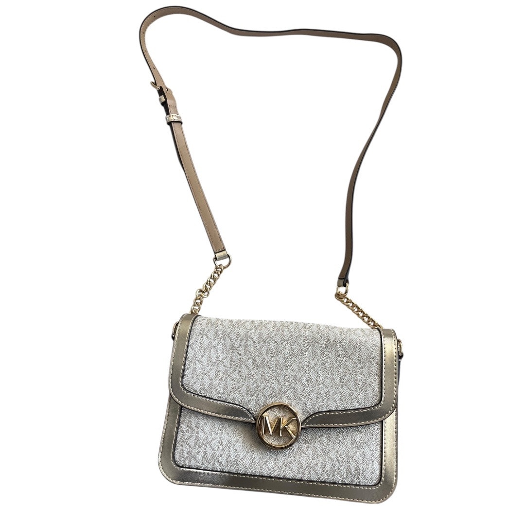 Michael Kors Leida Medium Shoulder Crossbody Bag Pale Gold Metallic Logo NWT