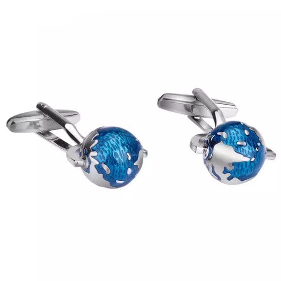 Spinning Blue and Silver World Globe Cufflinks