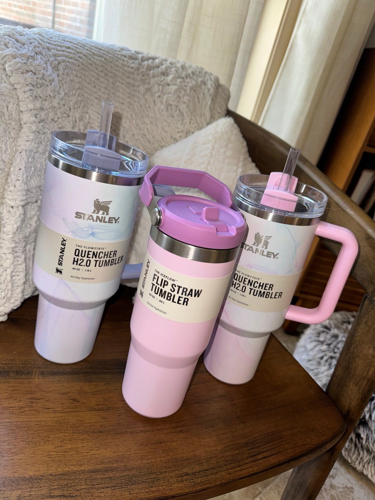 Stanley set of 3 - 40 oz tumblers, 30 oz flip straw, tulle, dusk