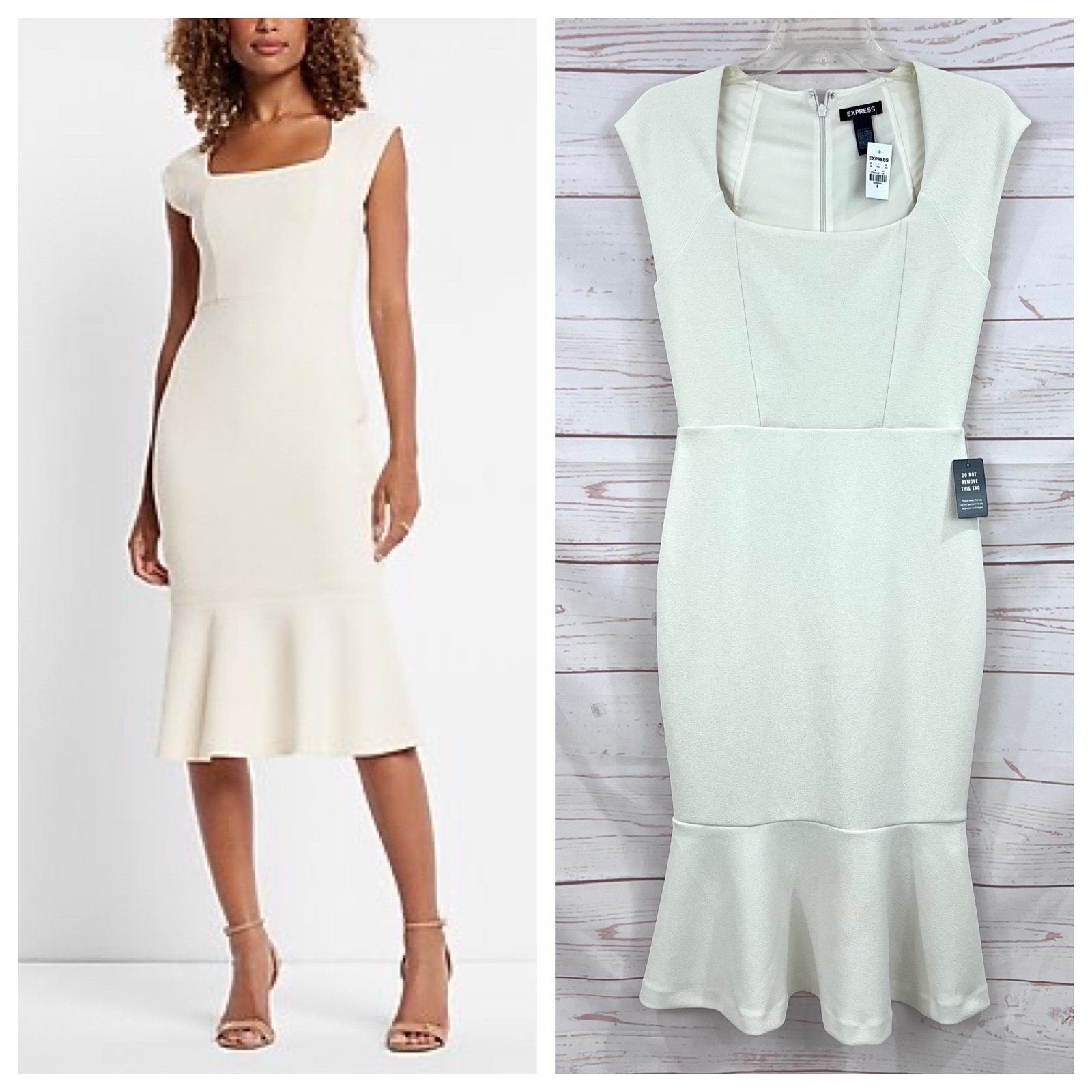 NWT Express Ivory Square Neck Cap Sleeve Ruffle Bottom Sheath Dress