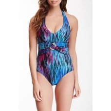 Spanx Wavelength blue one piece halter swimsuit shaping slimming