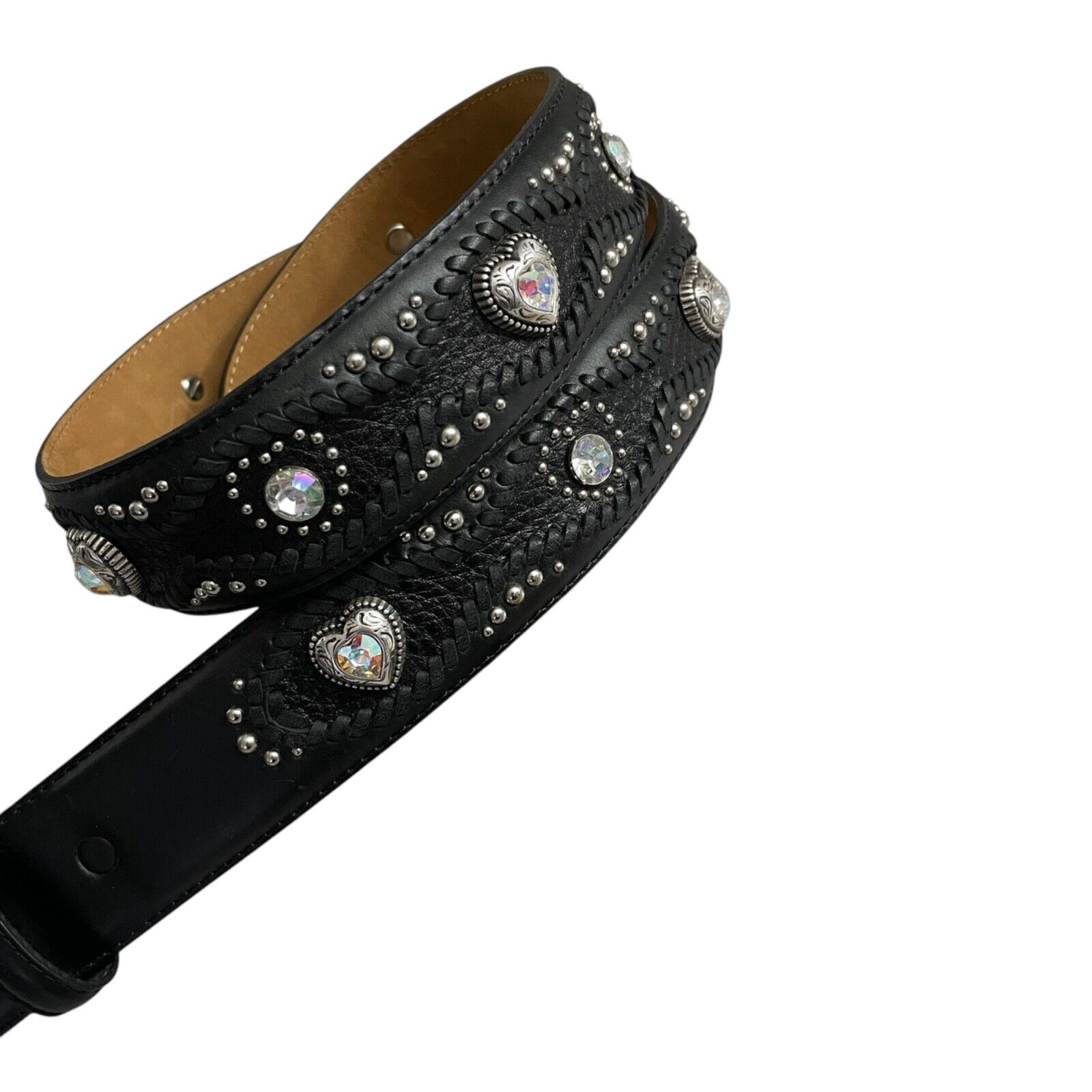 Justin Boots Black Leather Belt 42 Womens Studded Western Crystal Heart 1.5