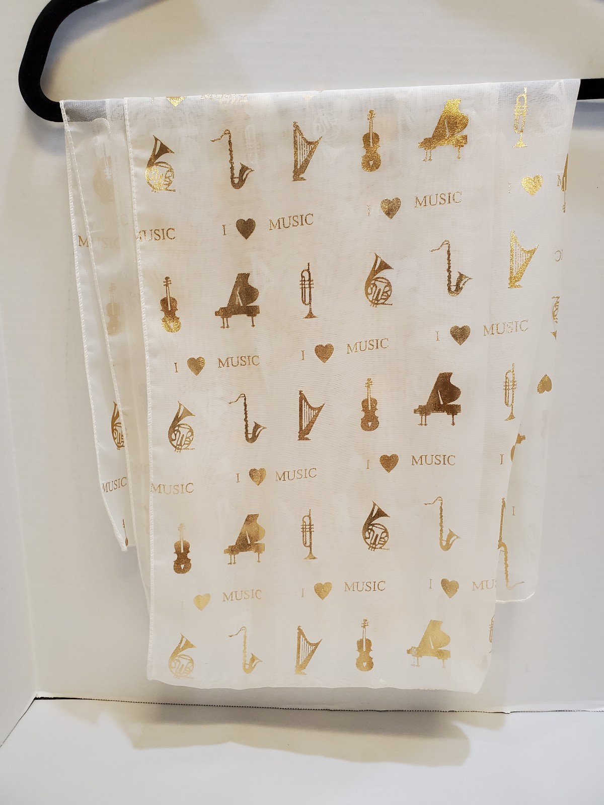 Vintage 1997 White Scarf With Metalic Gold/ Silver Musical Instruments Print